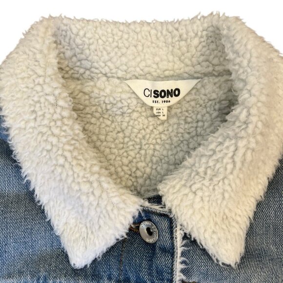 CiSono Women Sherpa Lined Trucker Jean Jacket L Faux Fur Collar Fleece 90s Y2K - Picture 5 of 16